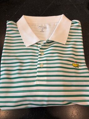Masters White Polo with Green Stripes and Embroidered Logo